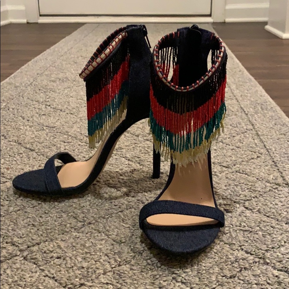Denim heels with fringe
